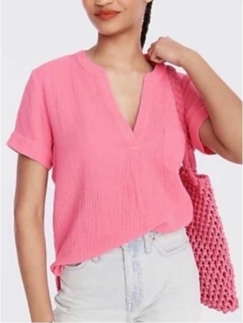 J. Crew Bubblegum Pink Double Gauze V Neck Popover XS